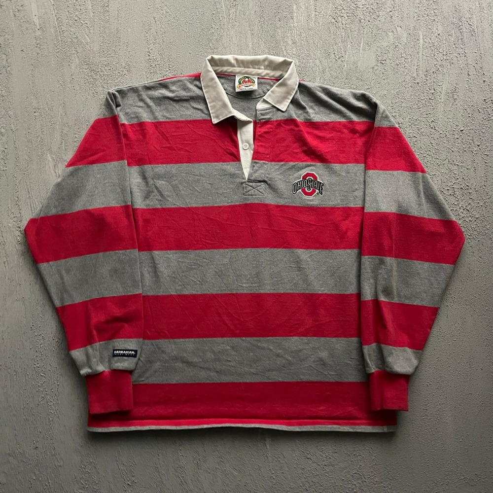 Vintage Ohio State Striped Rugby Shirt Mens 3XL Red Grey 90s Barbarian